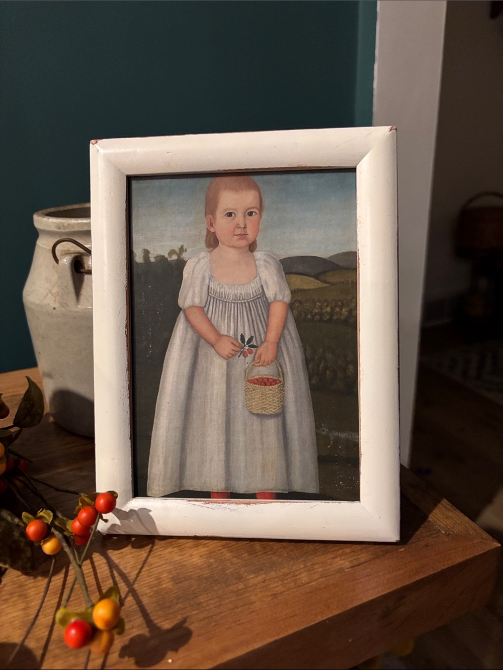 Folk Art Print of a Girl and a Basket of Cherries